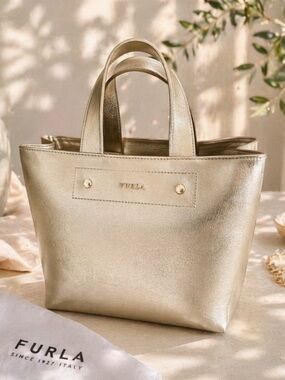 Furla Gold Metallic Tote Bag with Structured Design